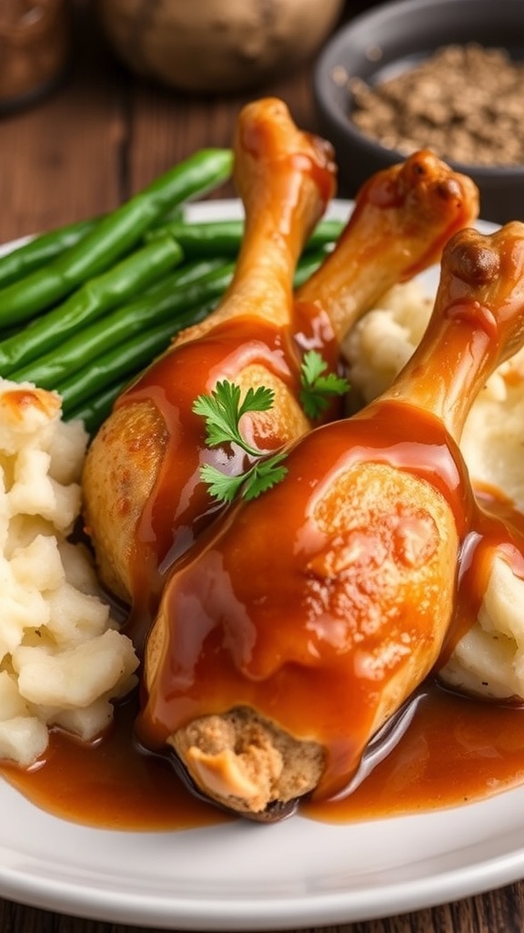 Savory Chicken Drumsticks with Gravy Recipe Baked chicken drumsticks with gravy on a plate, served with mashed potatoes and green beans.